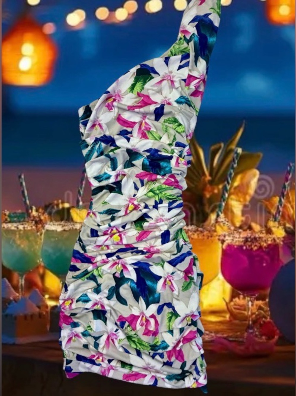 Express One-Shoulder Tropical Floral - Lily Flower Print Bodycon Party Dress